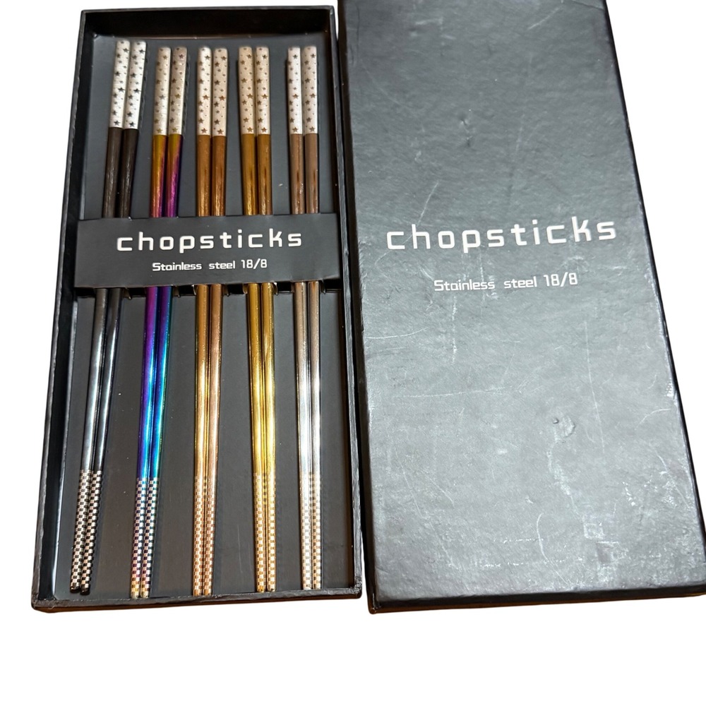 Stainless Steel Chopsticks Set Colorful Star Design‎ Reusable 5 Pairs